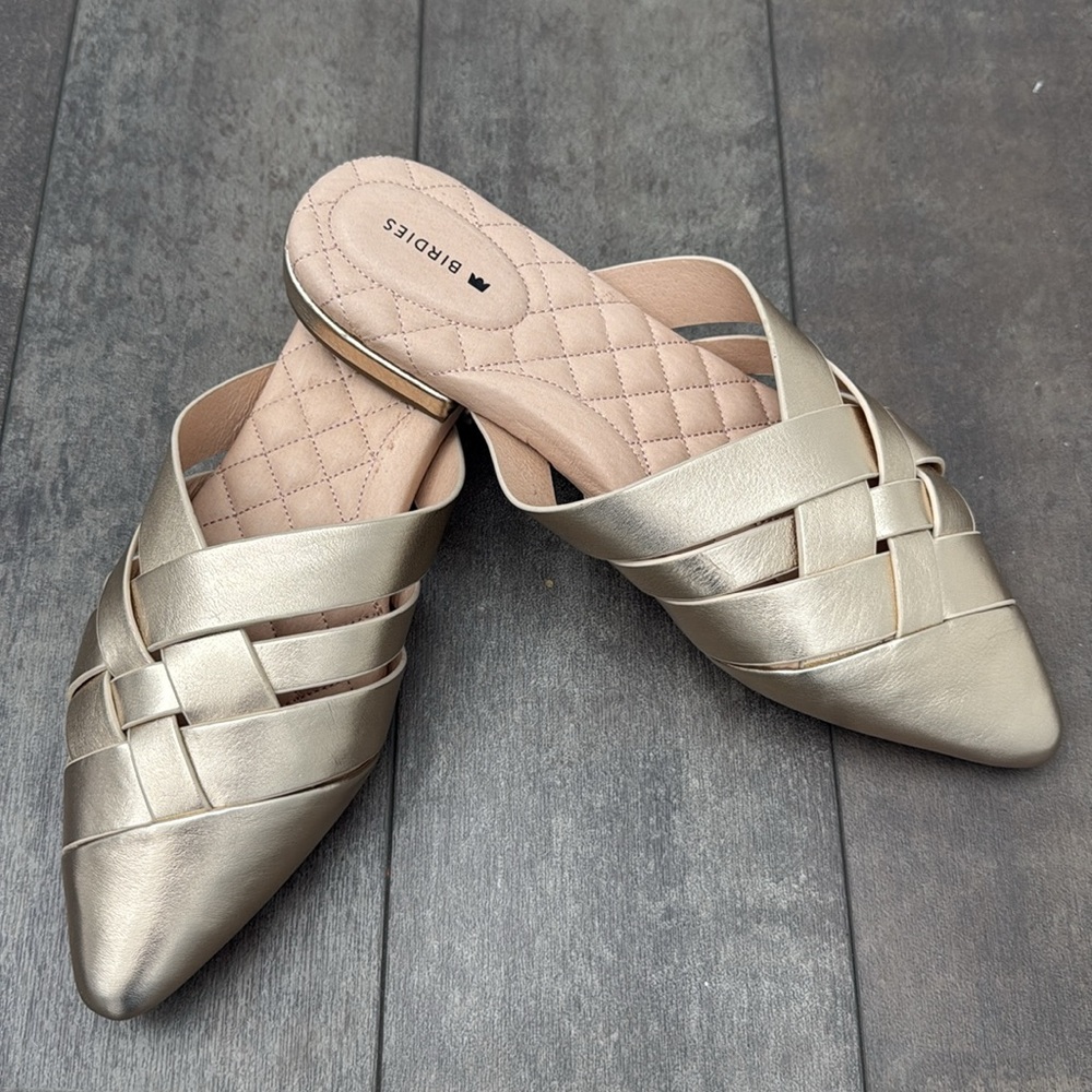 NEW! Birdies, The Dove, Gold Metallic Leather Mules, size 7.5